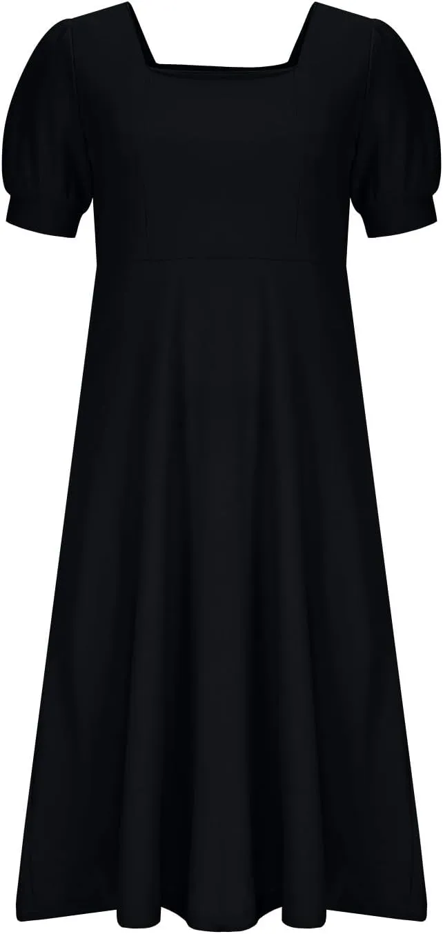 Women Elegant Flowy Pleated Loose Dresses Square Neck Short Sleeve Midi Dress Plus Size Swing Knee Length Sundress