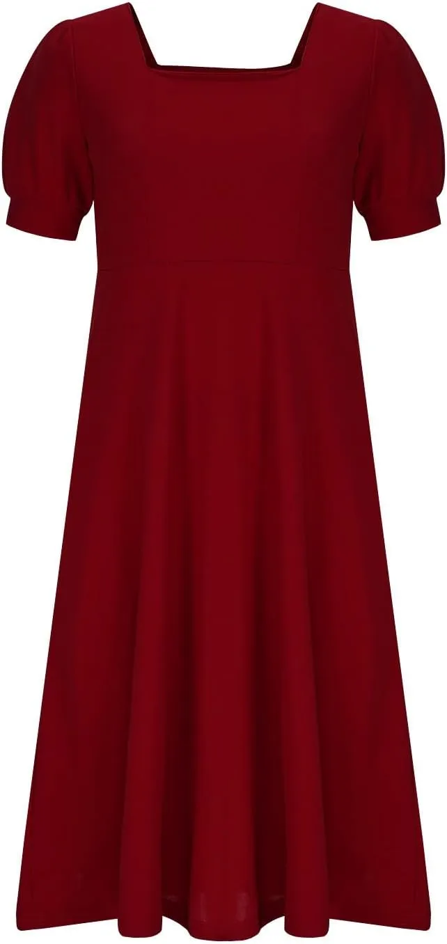 Women Elegant Flowy Pleated Loose Dresses Square Neck Short Sleeve Midi Dress Plus Size Swing Knee Length Sundress