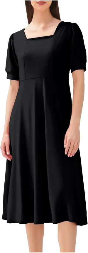 Women Elegant Flowy Pleated Loose Dresses Square Neck Short Sleeve Midi Dress Plus Size Swing Knee Length Sundress