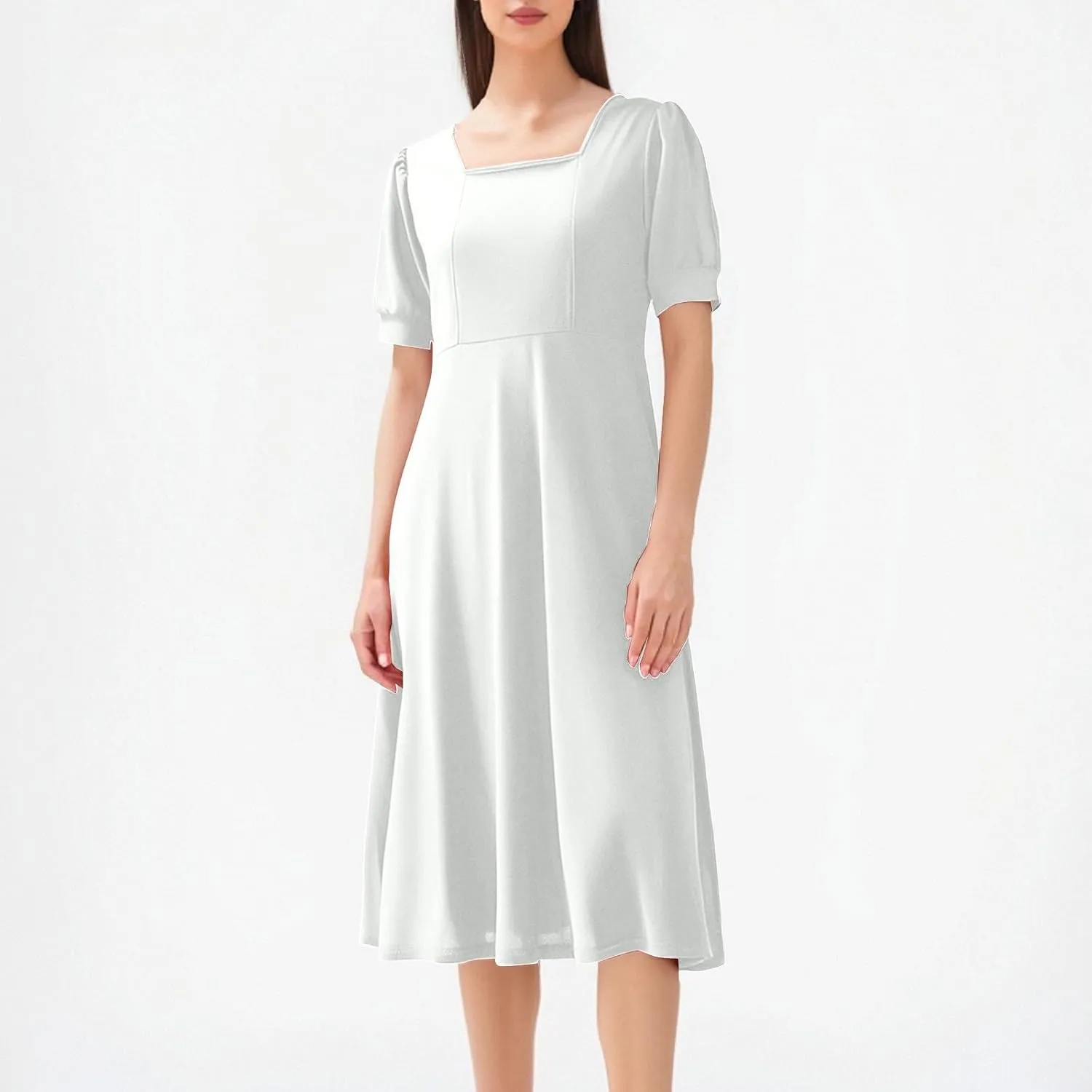 Women Elegant Flowy Pleated Loose Dresses Square Neck Short Sleeve Midi Dress Plus Size Swing Knee Length Sundress