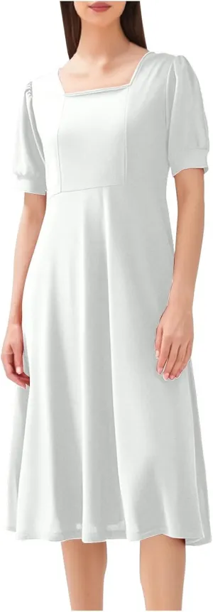 Women Elegant Flowy Pleated Loose Dresses Square Neck Short Sleeve Midi Dress Plus Size Swing Knee Length Sundress