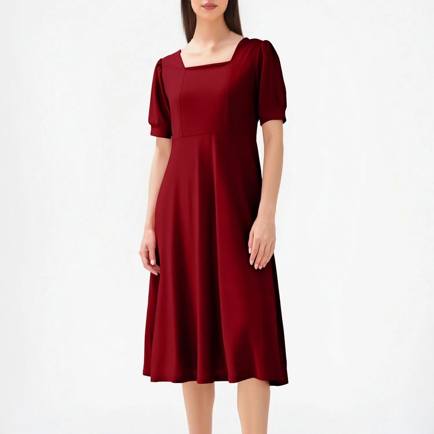 Women Elegant Flowy Pleated Loose Dresses Square Neck Short Sleeve Midi Dress Plus Size Swing Knee Length Sundress