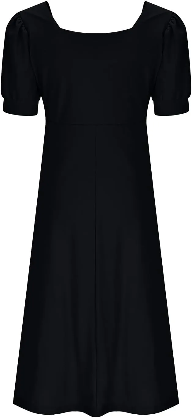 Women Elegant Flowy Pleated Loose Dresses Square Neck Short Sleeve Midi Dress Plus Size Swing Knee Length Sundress