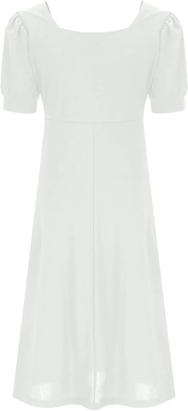 Women Elegant Flowy Pleated Loose Dresses Square Neck Short Sleeve Midi Dress Plus Size Swing Knee Length Sundress