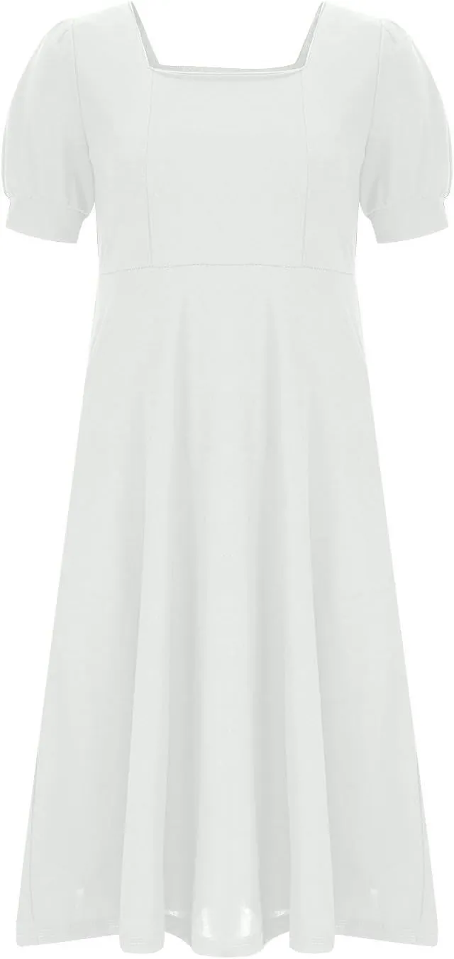 Women Elegant Flowy Pleated Loose Dresses Square Neck Short Sleeve Midi Dress Plus Size Swing Knee Length Sundress