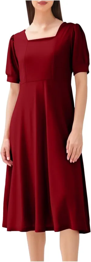 Women Elegant Flowy Pleated Loose Dresses Square Neck Short Sleeve Midi Dress Plus Size Swing Knee Length Sundress