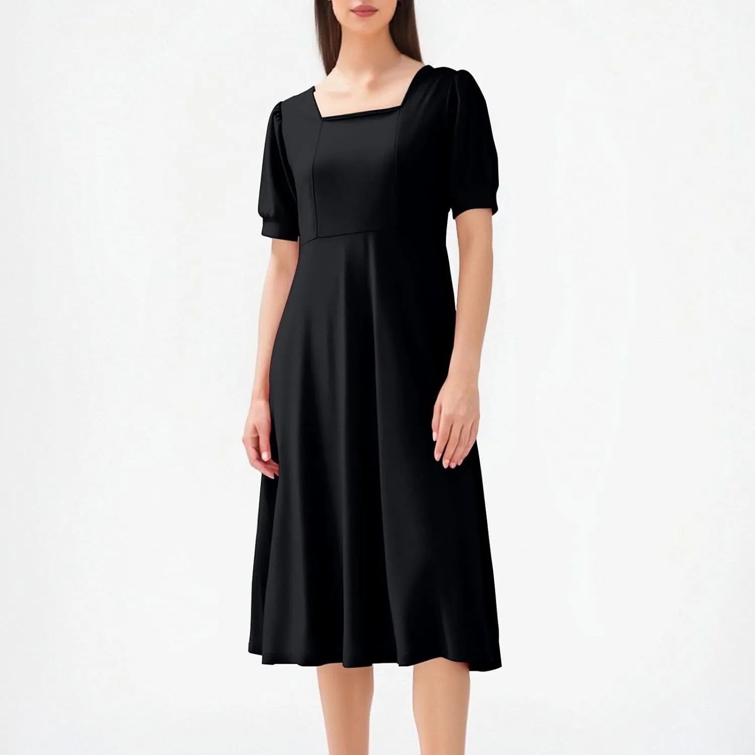 Women Elegant Flowy Pleated Loose Dresses Square Neck Short Sleeve Midi Dress Plus Size Swing Knee Length Sundress