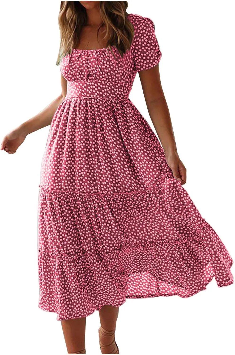 Women Floral Chiffon Midi Dress Summer Square Neck Short Sleeve Boho Sundress Flowy Smocked Tiered Swing Dresses