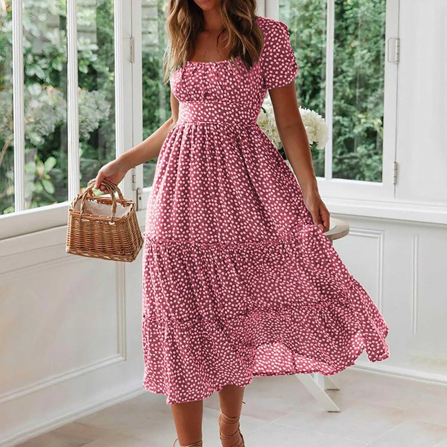 Women Floral Chiffon Midi Dress Summer Square Neck Short Sleeve Boho Sundress Flowy Smocked Tiered Swing Dresses