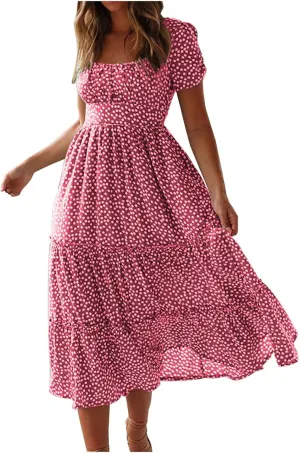 Women Floral Chiffon Midi Dress Summer Square Neck Short Sleeve Boho Sundress Flowy Smocked Tiered Swing Dresses