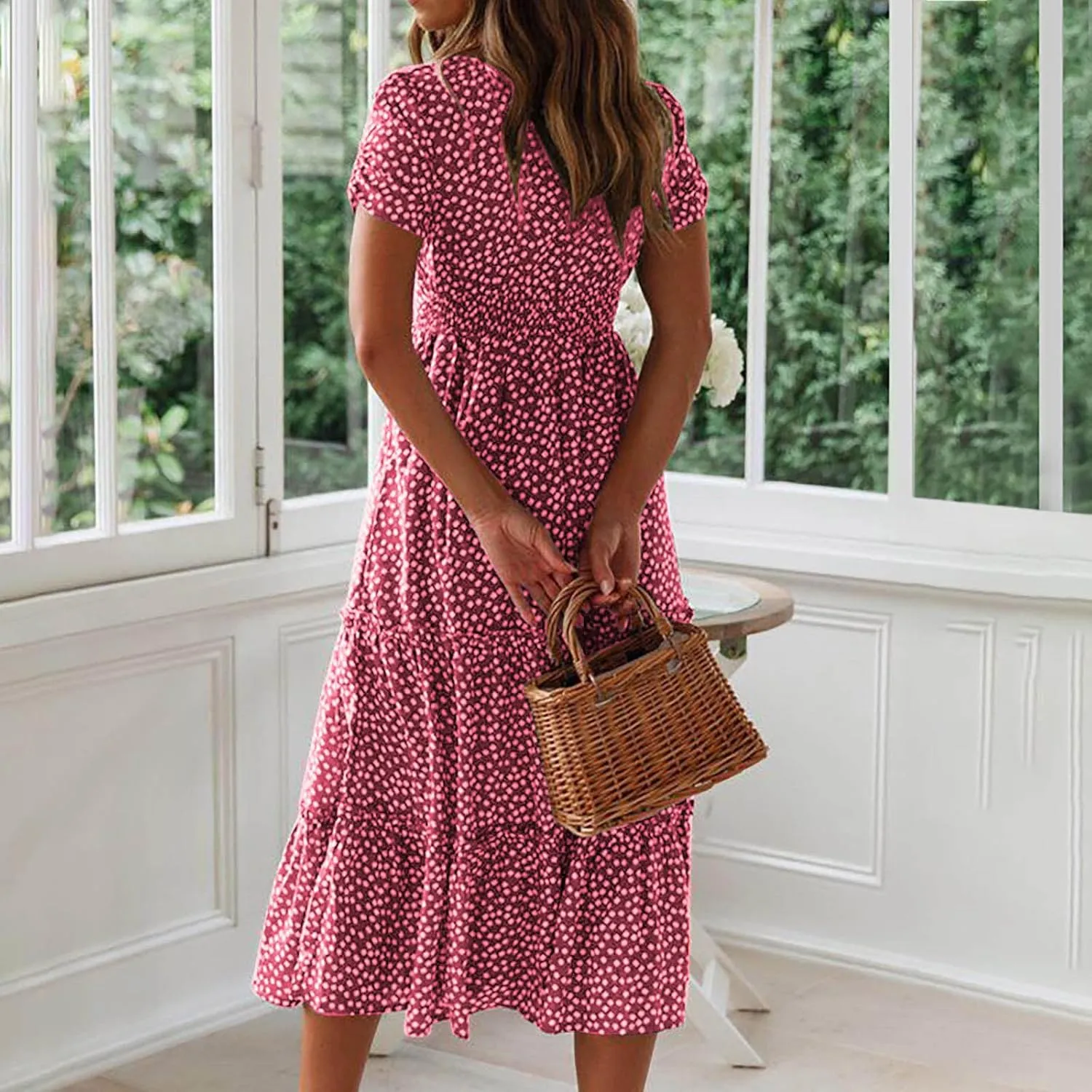Women Floral Chiffon Midi Dress Summer Square Neck Short Sleeve Boho Sundress Flowy Smocked Tiered Swing Dresses
