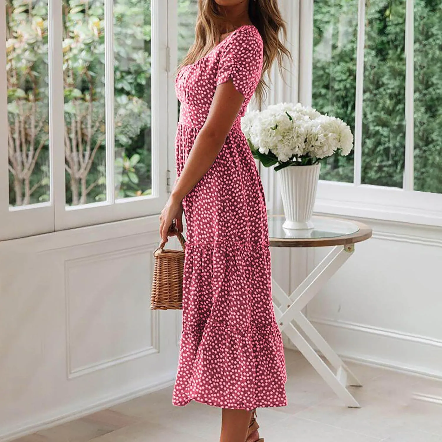 Women Floral Chiffon Midi Dress Summer Square Neck Short Sleeve Boho Sundress Flowy Smocked Tiered Swing Dresses