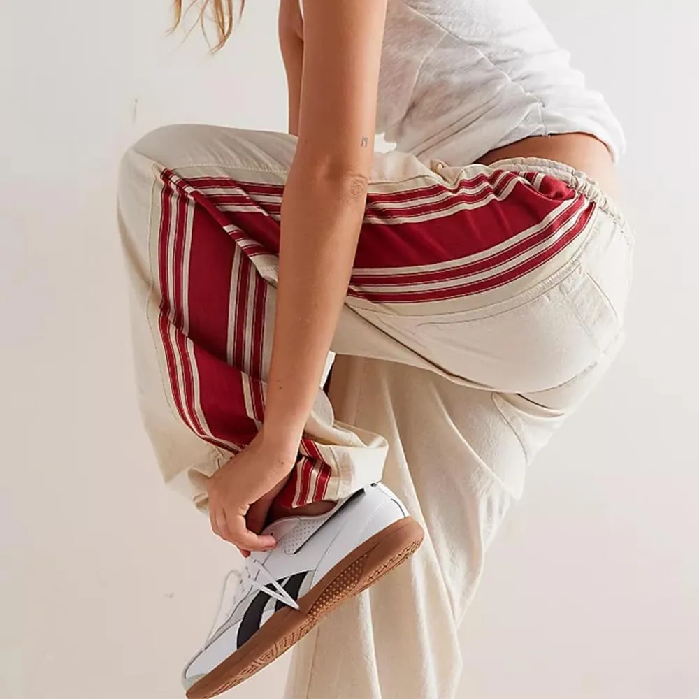 Women Grunge Linen Track Pants Y2K Emo Drawstring Baggy Wide Leg Pants Vintage Side Striped Palazzo Pant with Pockets