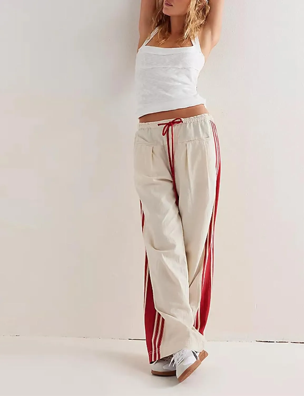 Women Grunge Linen Track Pants Y2K Emo Drawstring Baggy Wide Leg Pants Vintage Side Striped Palazzo Pant with Pockets