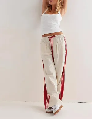 Women Grunge Linen Track Pants Y2K Emo Drawstring Baggy Wide Leg Pants Vintage Side Striped Palazzo Pant with Pockets