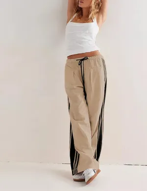 Women Grunge Linen Track Pants Y2K Emo Drawstring Baggy Wide Leg Pants Vintage Side Striped Palazzo Pant with Pockets