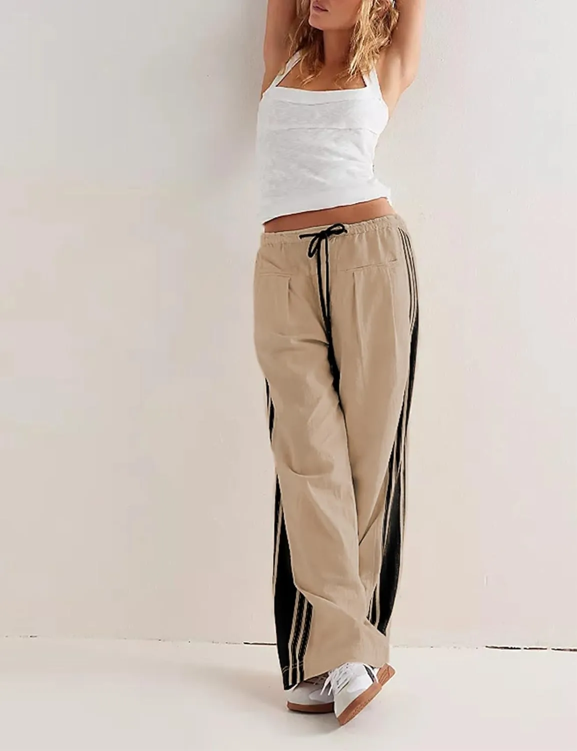 Women Grunge Linen Track Pants Y2K Emo Drawstring Baggy Wide Leg Pants Vintage Side Striped Palazzo Pant with Pockets