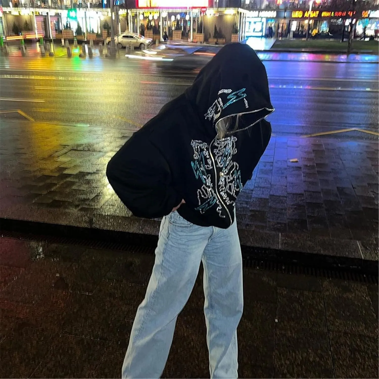 Women Grunge Zip Up Hoodies Gothic Punk Long Sleeve Printed Hooded Jackets Y2k 90s Streetwear Oversized Sweatshirts