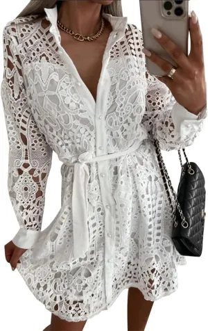 Women Lace Embroidered Tunic Shirt Dress Casual Long Sleeve V Neck Lapel Collar Mini Short Dress with Belt