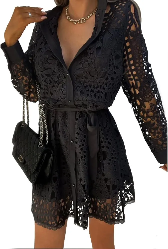 Women Lace Embroidered Tunic Shirt Dress Casual Long Sleeve V Neck Lapel Collar Mini Short Dress with Belt