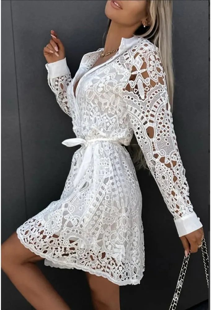 Women Lace Embroidered Tunic Shirt Dress Casual Long Sleeve V Neck Lapel Collar Mini Short Dress with Belt