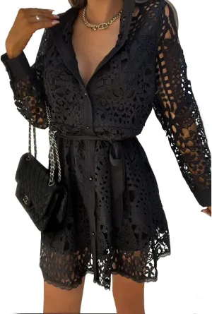 Women Lace Embroidered Tunic Shirt Dress Casual Long Sleeve V Neck Lapel Collar Mini Short Dress with Belt