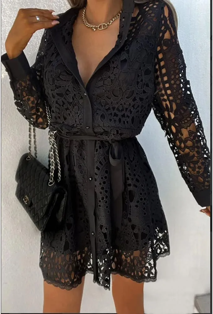 Women Lace Embroidered Tunic Shirt Dress Casual Long Sleeve V Neck Lapel Collar Mini Short Dress with Belt