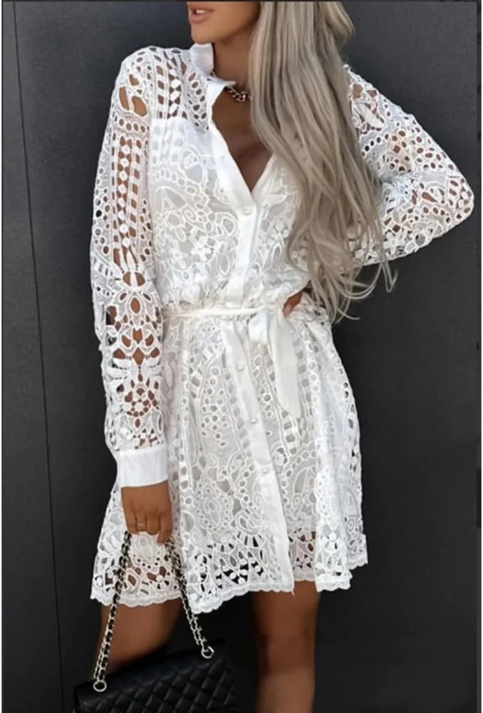 Women Lace Embroidered Tunic Shirt Dress Casual Long Sleeve V Neck Lapel Collar Mini Short Dress with Belt