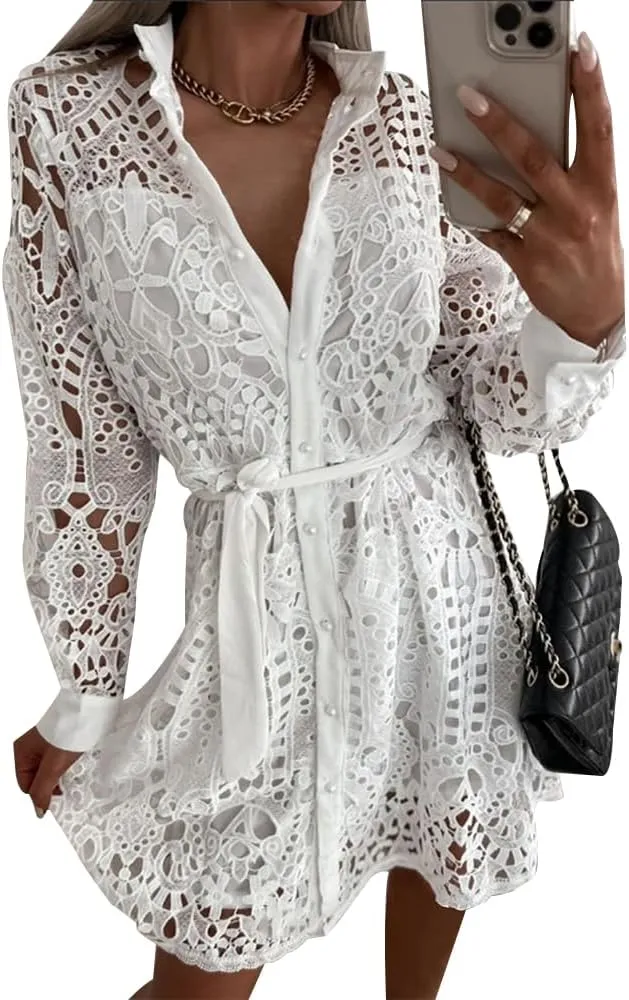 Women Lace Embroidered Tunic Shirt Dress Casual Long Sleeve V Neck Lapel Collar Mini Short Dress with Belt