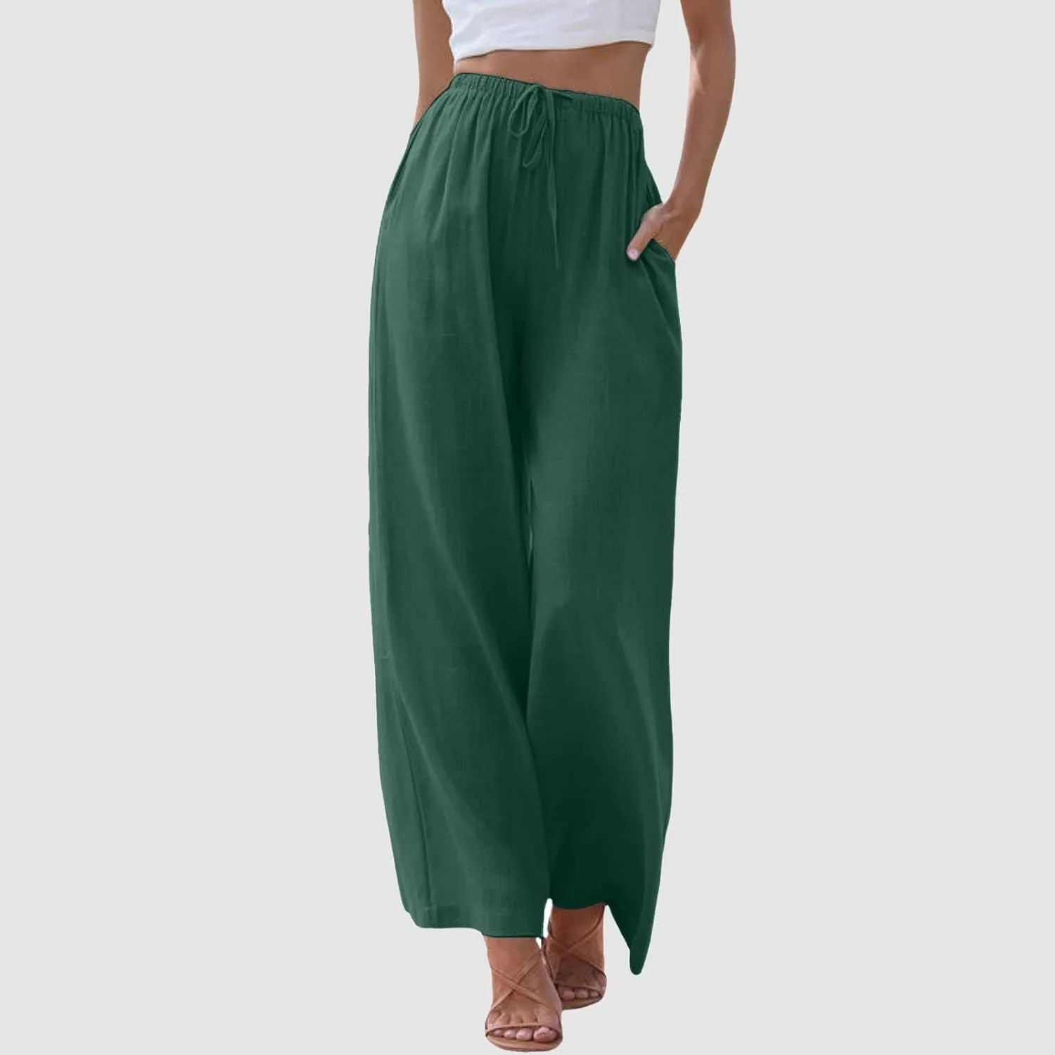 Women Linen Blend Summer Casual Flowy Pants Elastic Waist Wide Leg Loose Fit Trousers Vacation