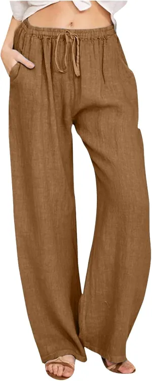 Women Linen Blend Summer Casual Flowy Pants Elastic Waist Wide Leg Loose Fit Trousers Vacation
