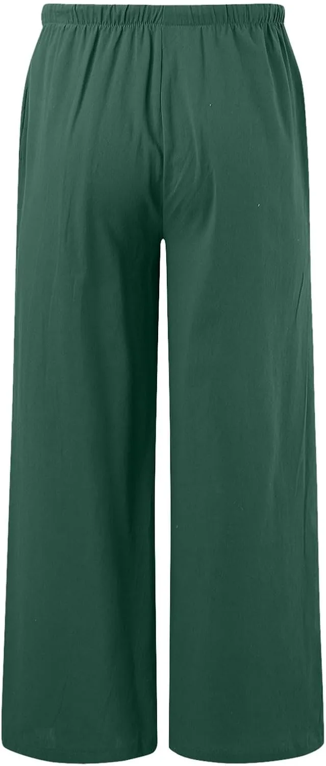 Women Linen Blend Summer Casual Flowy Pants Elastic Waist Wide Leg Loose Fit Trousers Vacation