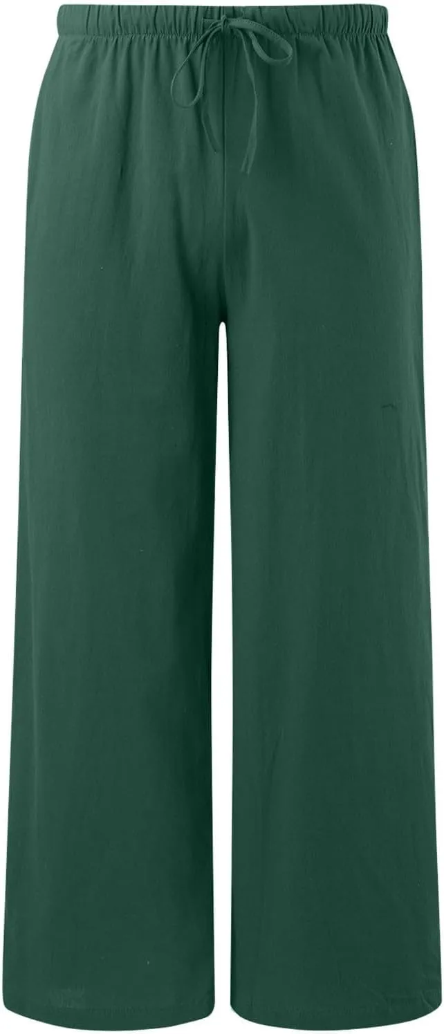 Women Linen Blend Summer Casual Flowy Pants Elastic Waist Wide Leg Loose Fit Trousers Vacation