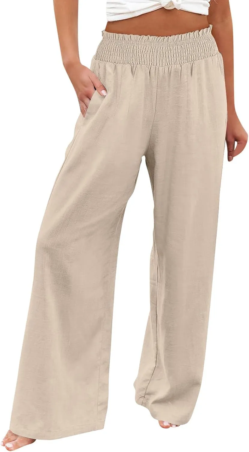 Women Linen Blend Summer Split Flowy Palazzo Lounge Pants Elastic Waist Ankle Length Slim-Fit Palazzo Lounge