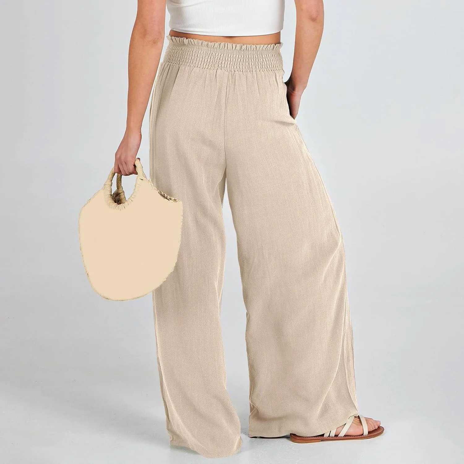 Women Linen Blend Summer Split Flowy Palazzo Lounge Pants Elastic Waist Ankle Length Slim-Fit Palazzo Lounge