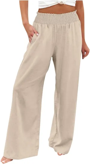 Women Linen Blend Summer Split Flowy Palazzo Lounge Pants Elastic Waist Ankle Length Slim-Fit Palazzo Lounge
