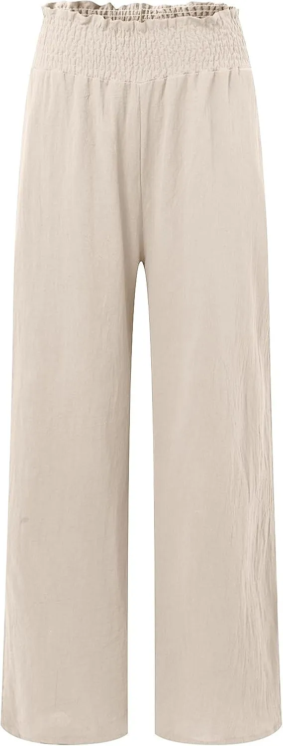 Women Linen Blend Summer Split Flowy Palazzo Lounge Pants Elastic Waist Ankle Length Slim-Fit Palazzo Lounge