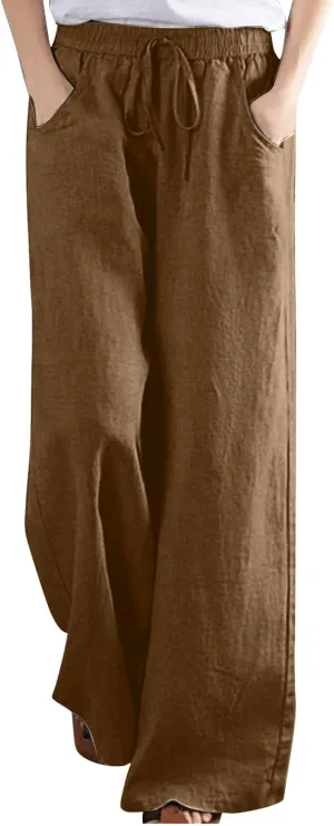 Women Linen Wide Leg Pants Casual High Waist Loose Palazzo Flowy Adjustable Tie Knot Trousers Lounge with Pockets