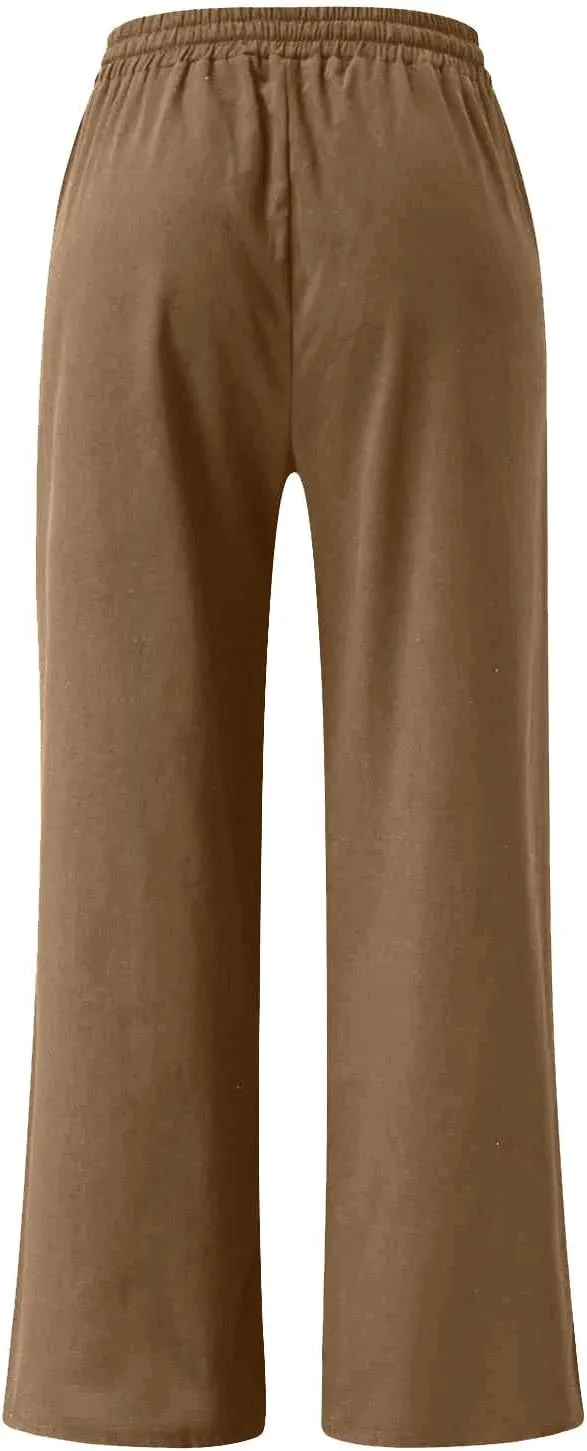 Women Linen Wide Leg Pants Casual High Waist Loose Palazzo Flowy Adjustable Tie Knot Trousers Lounge with Pockets
