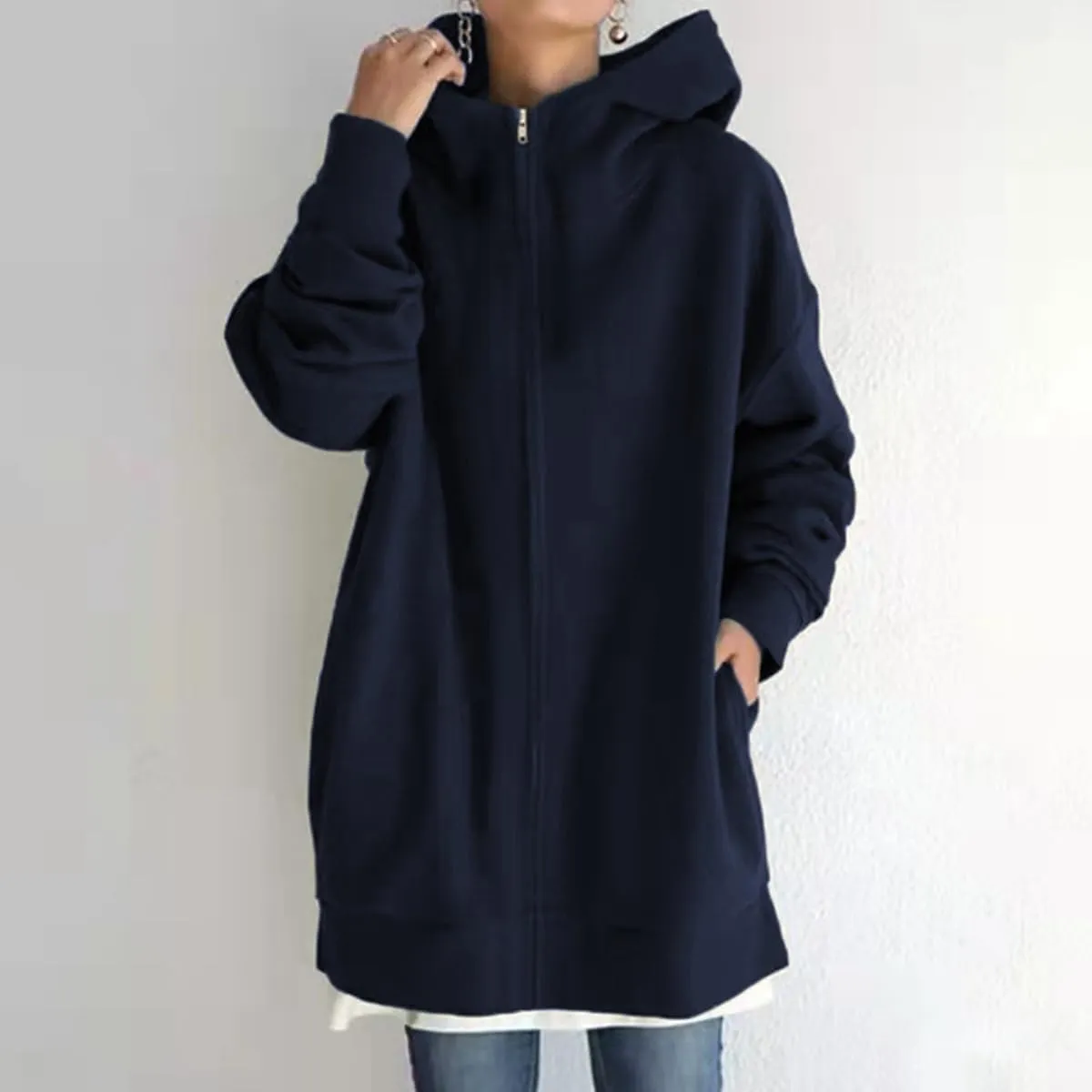 Women Loose Hoodie Fall Oversized Fashion Sweatshirts Long Sleeve Zip Up Hooded Jacket Coat with Pockets