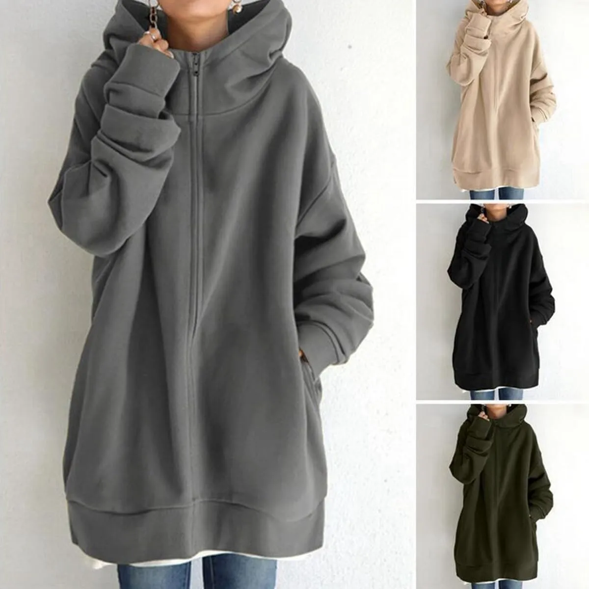 Women Loose Hoodie Fall Oversized Fashion Sweatshirts Long Sleeve Zip Up Hooded Jacket Coat with Pockets