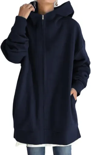 Women Loose Hoodie Fall Oversized Fashion Sweatshirts Long Sleeve Zip Up Hooded Jacket Coat with Pockets