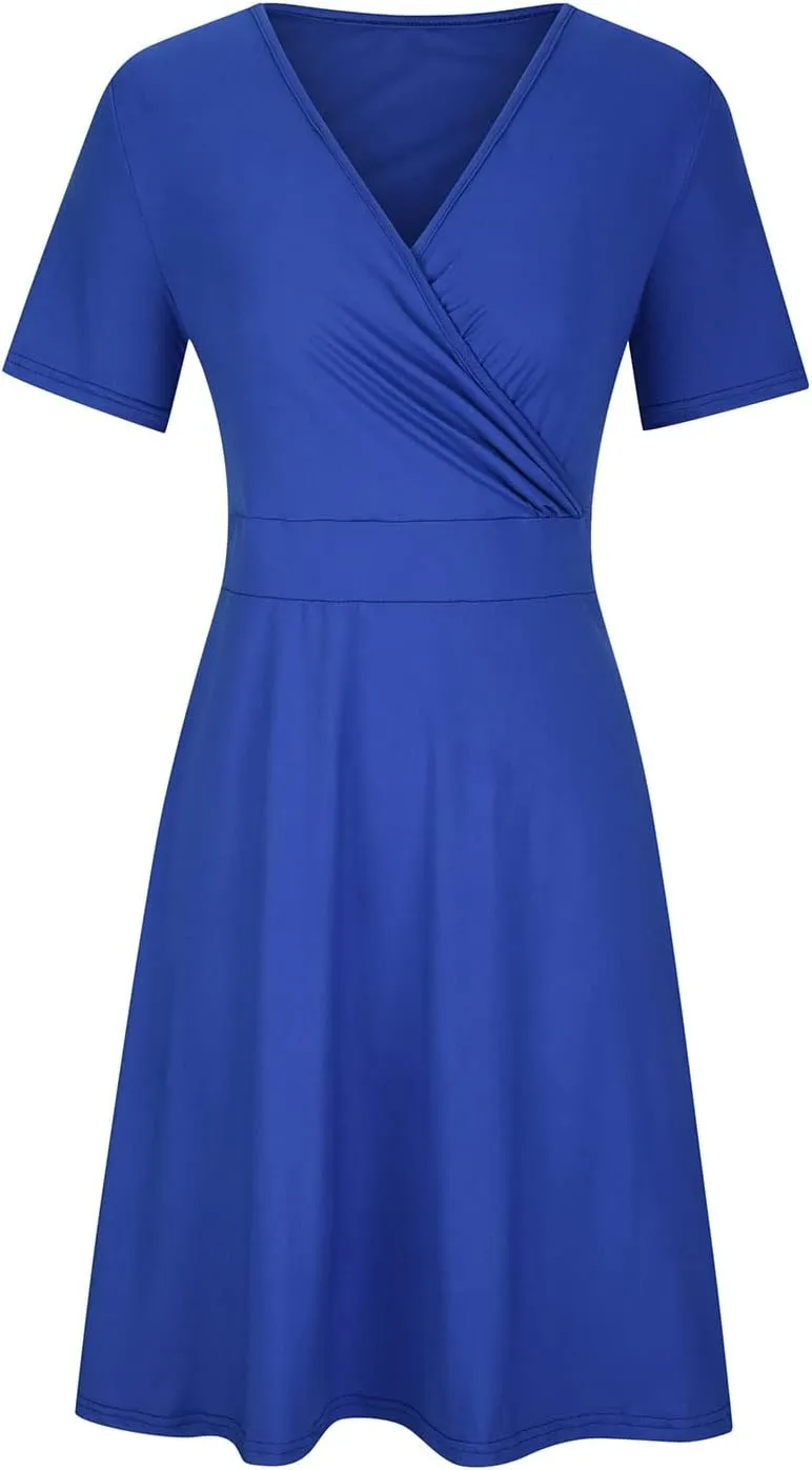 Women Plus Size Boho Dresses Summer Short Sleeve Wrap V-Neck Sundress Solid Color A-line Midi Dress with Pockets