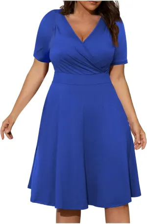 Women Plus Size Boho Dresses Summer Short Sleeve Wrap V-Neck Sundress Solid Color A-line Midi Dress with Pockets
