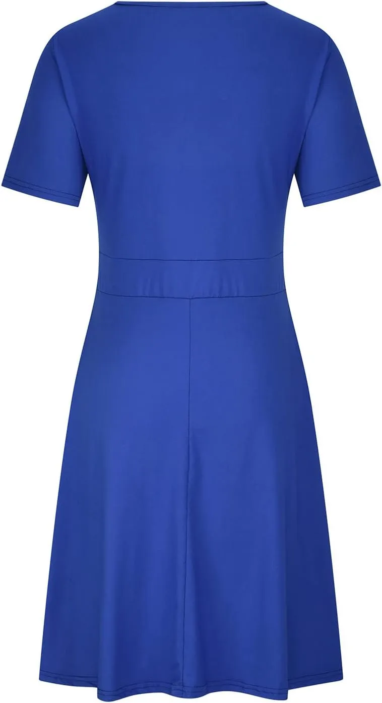Women Plus Size Boho Dresses Summer Short Sleeve Wrap V-Neck Sundress Solid Color A-line Midi Dress with Pockets