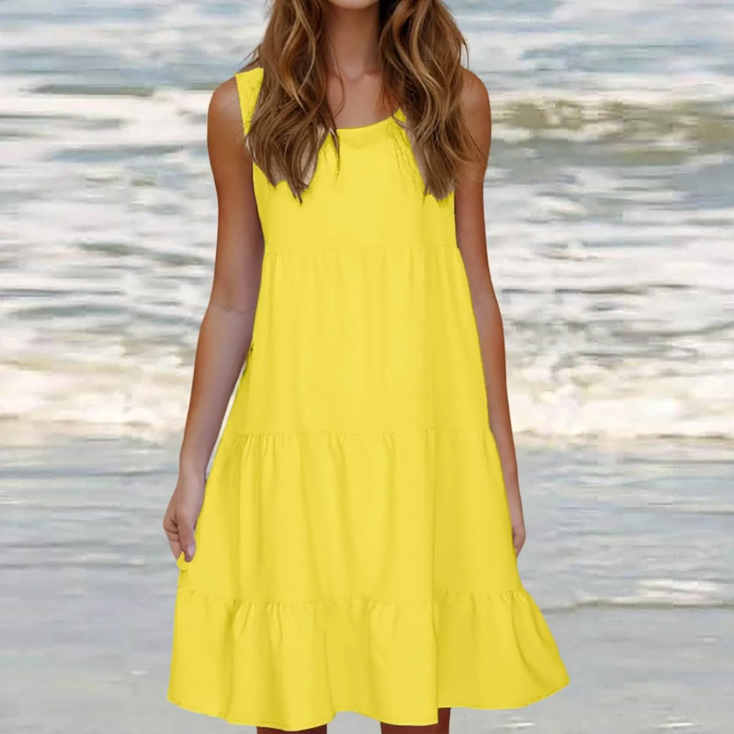 Women Summer Dresses Plus Size Casual Sleeveless Boho Midi Dress Crewneck Ruffle Tiered Swing Beach Vacation Dress