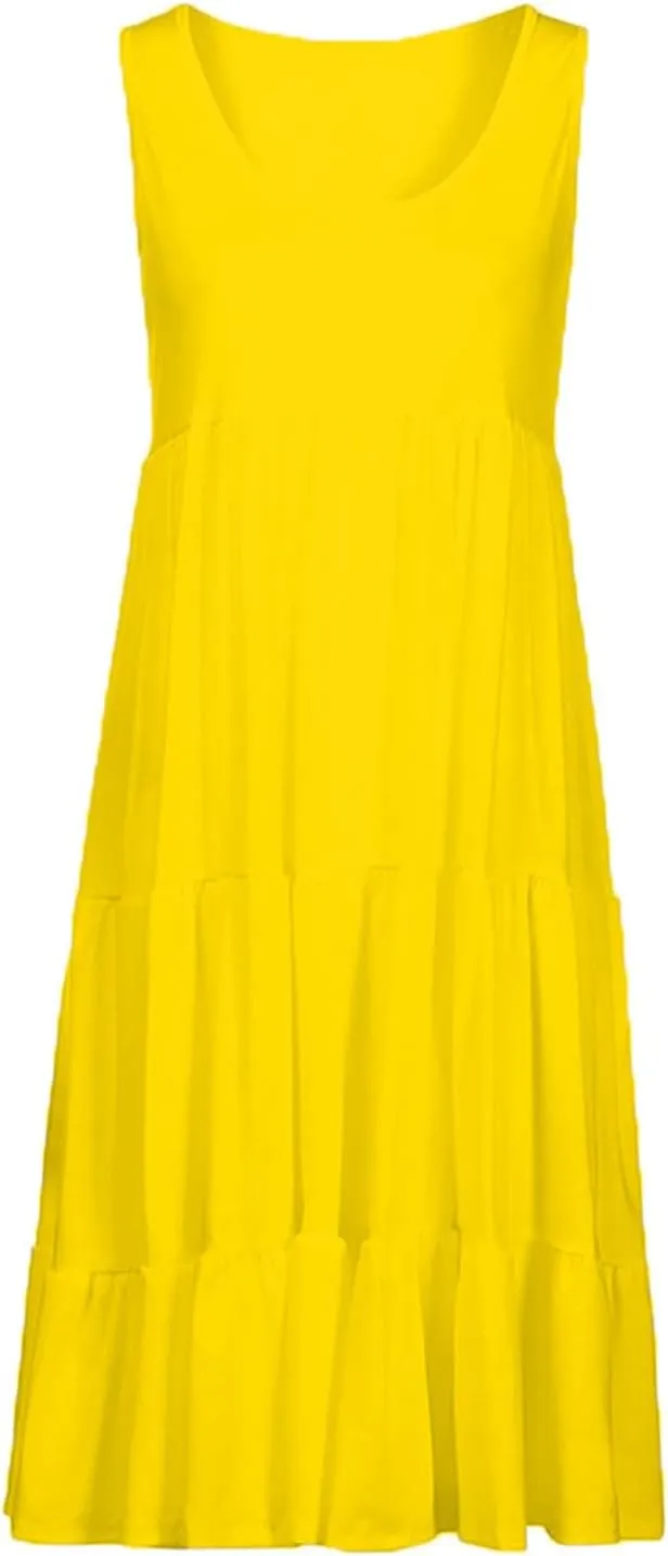 Women Summer Dresses Plus Size Casual Sleeveless Boho Midi Dress Crewneck Ruffle Tiered Swing Beach Vacation Dress
