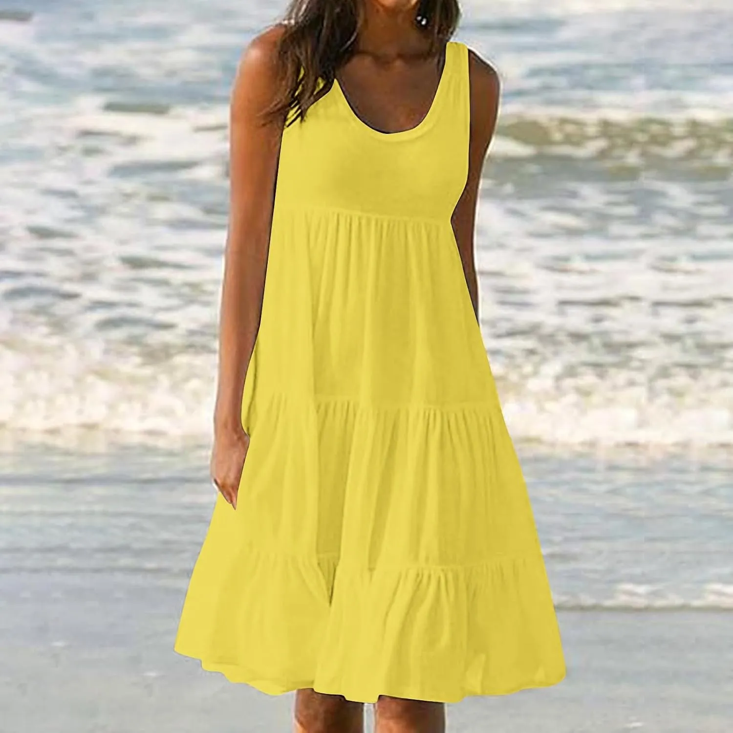 Women Summer Dresses Plus Size Casual Sleeveless Boho Midi Dress Crewneck Ruffle Tiered Swing Beach Vacation Dress