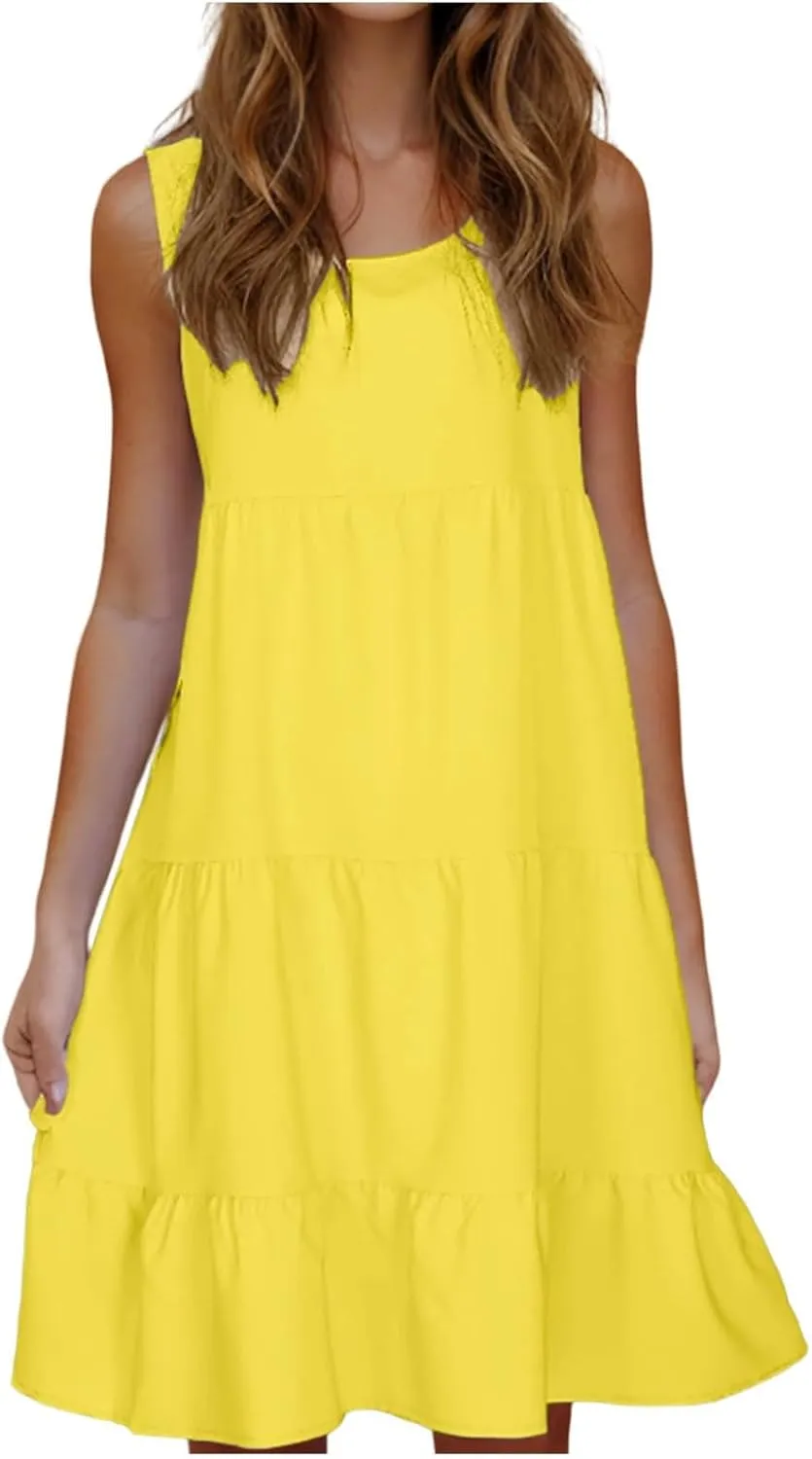 Women Summer Dresses Plus Size Casual Sleeveless Boho Midi Dress Crewneck Ruffle Tiered Swing Beach Vacation Dress