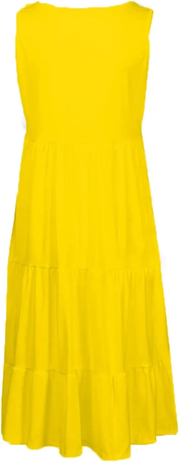 Women Summer Dresses Plus Size Casual Sleeveless Boho Midi Dress Crewneck Ruffle Tiered Swing Beach Vacation Dress